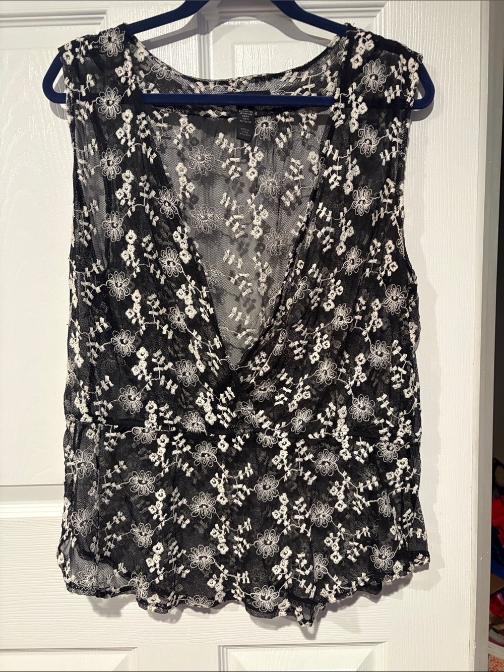 Sheer Black and White Floral Lace V-Neck Camisole
